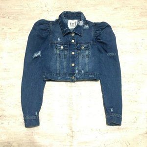 ZARA Denim Jacket Puff Shoulders Distressed